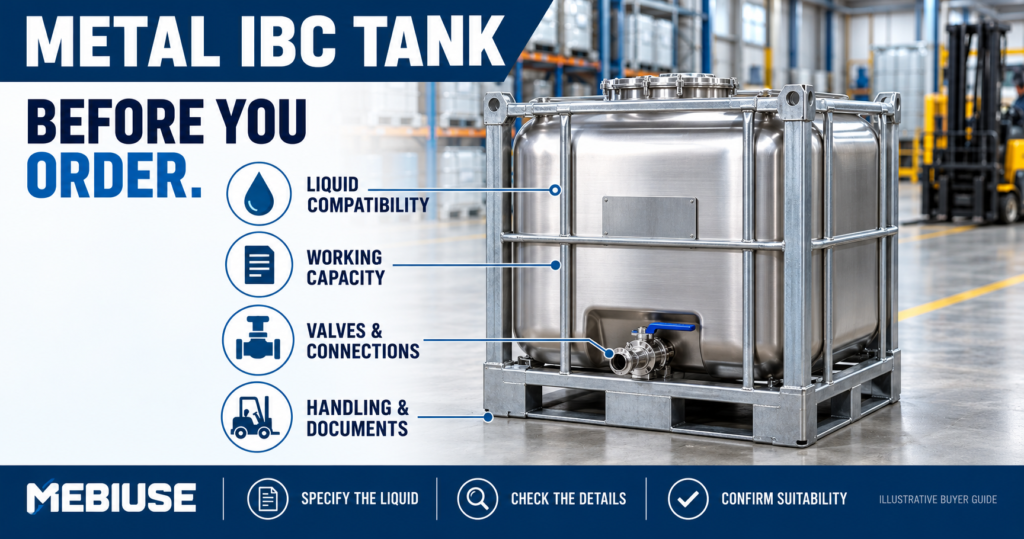 Metal IBC tank buying guide illustration covering liquid compatibility, capacity, connections and handling