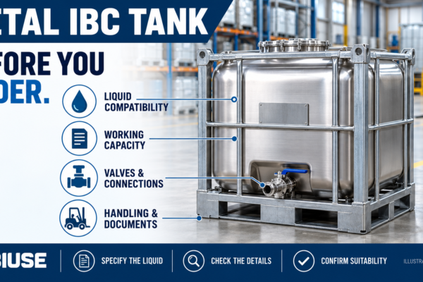 Metal IBC tank buying guide illustration covering liquid compatibility, capacity, connections and handling