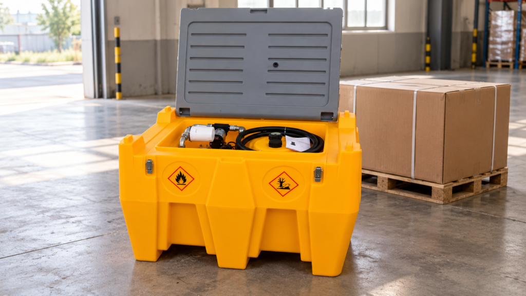 AI-rendered illustration based on a MEBIUSE portable diesel tank, showing its open lid, pump and hose in a receiving area