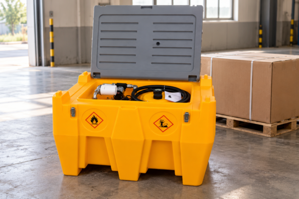AI-rendered illustration based on a MEBIUSE portable diesel tank, showing its open lid, pump and hose in a receiving area